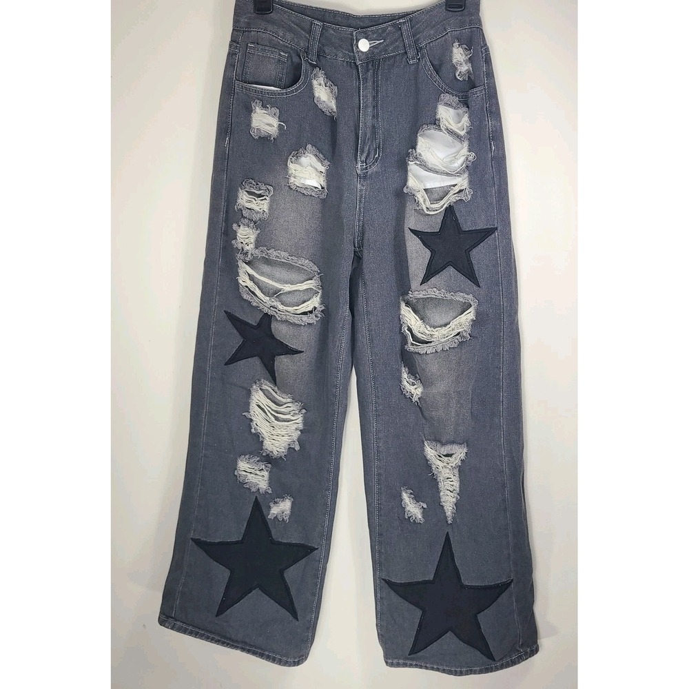 Romwe Womens (6) Wide-Leg Distressed Jeans  – Star Patches, Grunge Punk Style